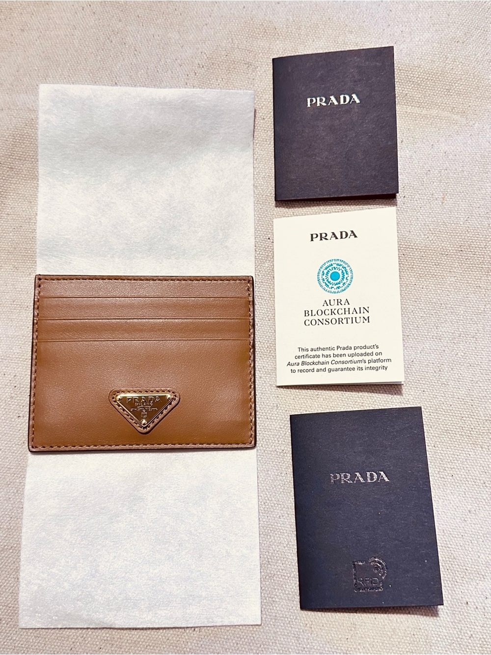 Prada | Card Case | Prada Caramel Leather Card Case with Gold Logo - Picture 6 of 6